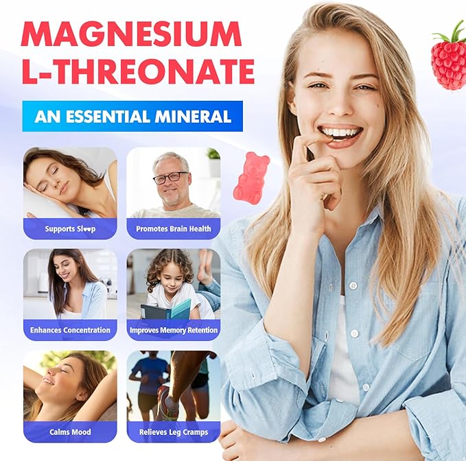 1000mg Magnesium L-Threonate Gummies for Kids & Adults - Muscle & Nervous System Support, Vegan, Sugar-Free Raspberry Flavor, 60 Gummies
