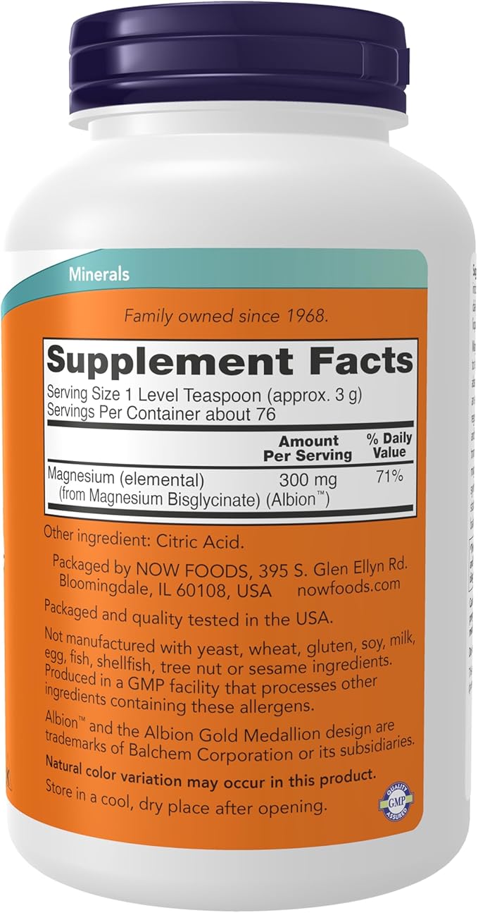 NOW Foods Supplements,Magnesium Bisglycinate Powder,Enzyme Function*,Nervous System Support*,8-Ounce,(Pack of 2)