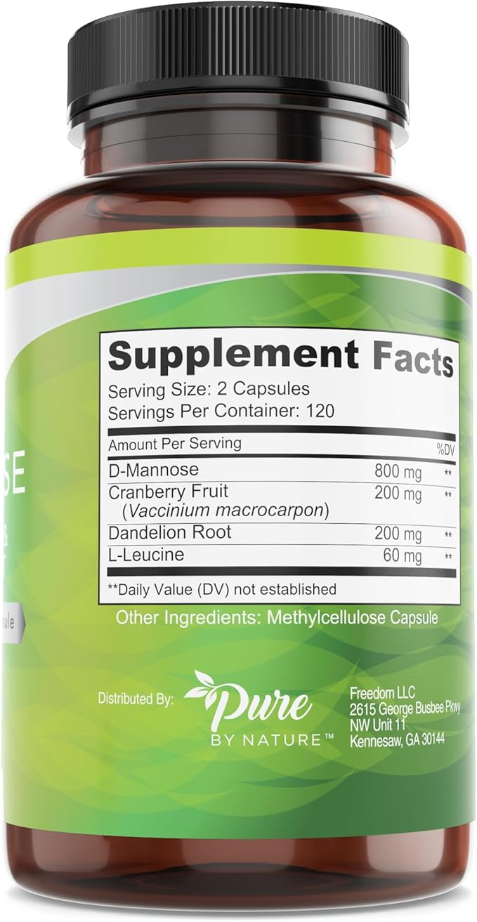 Pure By Nature 600mg D-Mannose Vegan Capsules with Cranberry & Dandelion Extract, Urinary Tract Health Support, Flush Impurity, Detox Body, 240 Count