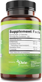 Pure By Nature 600mg D-Mannose Vegan Capsules with Cranberry & Dandelion Extract, Urinary Tract Health Support, Flush Impurity, Detox Body, 240 Count