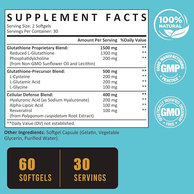 2400 MG Liposomal Glutathione Softgels, Max Absorption, Active Form L-Glutathione Reduced (GSH), with Hyaluronic Acid, Resveratrol, Master Antioxidants for Detox, Brain, Immune System, 480 Softgels