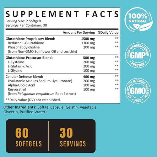 2400 MG Liposomal Glutathione Softgels, Max Absorption, Active Form L-Glutathione Reduced (GSH), with Hyaluronic Acid, Resveratrol, Master Antioxidants for Detox, Brain, Immune System, 600 Softgels