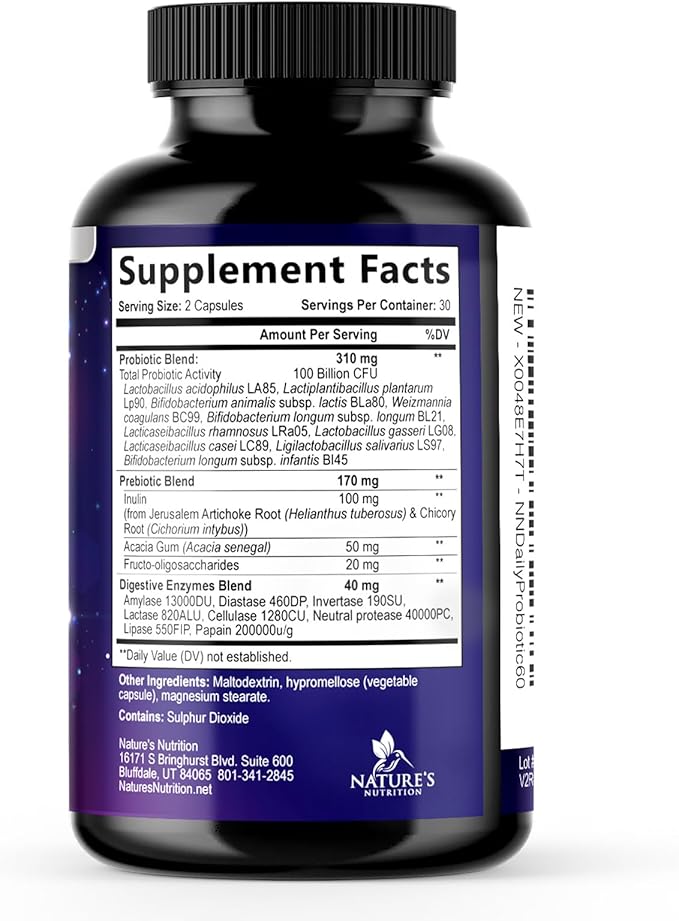 Probiotics 100 Billion CFU Per Serving - 10 Probiotic Strains & Prebiotics - Digestive Gut Health, Immune Support & Occasional Constipation, Gas & Bloating - Daily Supplement For Adults - 60 Capsules