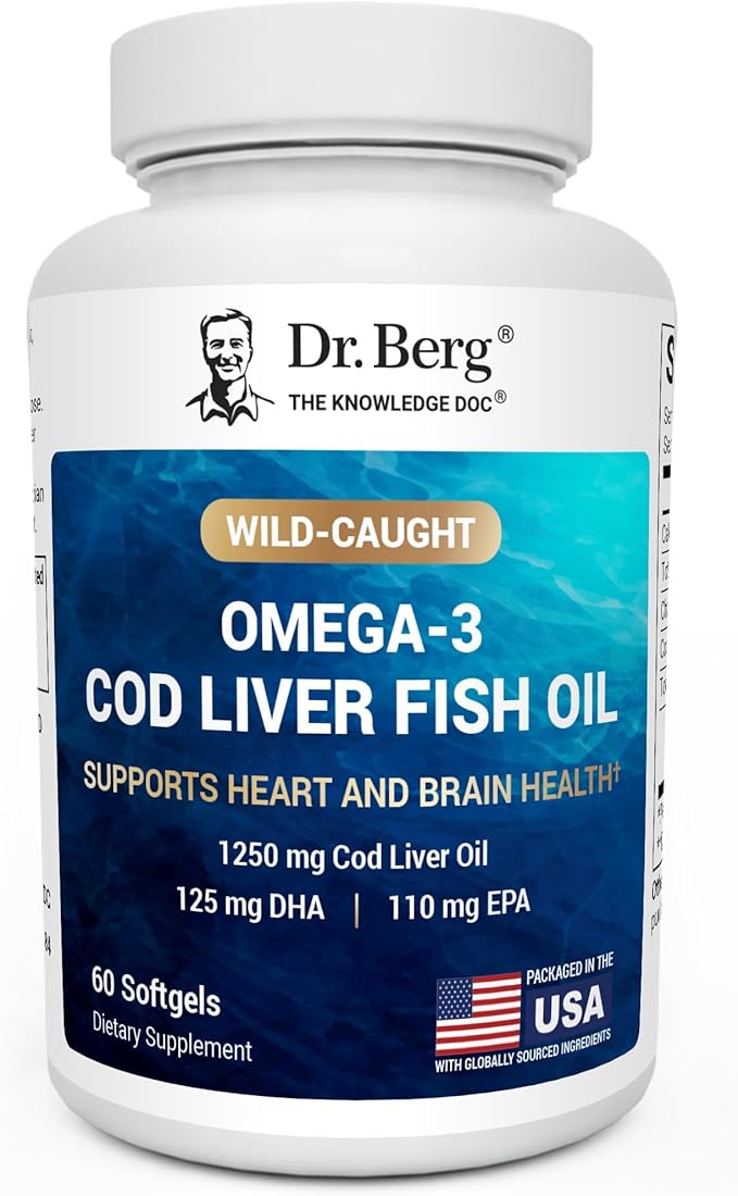 Dr. Berg Omega-3 Cod Liver Fish Oil 60 Softgels – Wild-Caught Icelandic Cod – Omega 3 EPA & DHA – Heart, Brain, Immune & Eye Support* – Lemon Flavor – 4X Lab-Tested – Non-GMO, No Fillers