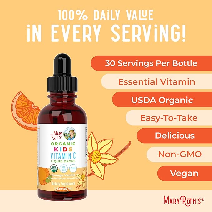 MARYRUTH'S Kids Vitamin C Drops | Vegan Immune Support Supplement for Ages 4-13 | Immune Support & Overall Health | Vitamin C from Organic Acerola Fruit Extract | 2oz