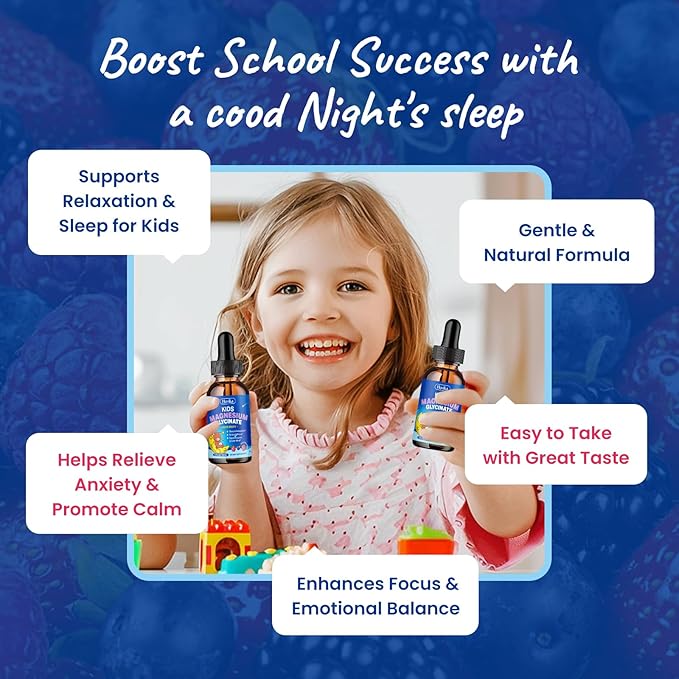 Magnesium Glycinate for Kids - Magnesium Glycinate Liquid Drops with L-Theanine Omega-3, Vitamin B6, D3, Zinc - Support Sleep, Relaxation, Calm & Focus - 2 Fl Oz, Mixed Berry Flavor