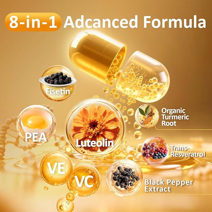 1500MG Liposomal Luteolin Supplement 8-in-1 Formula with Fisetin, Pea, Turmeric, Potent Flavonoid Absorption-Optimized Actives for Brain 60 Capsules