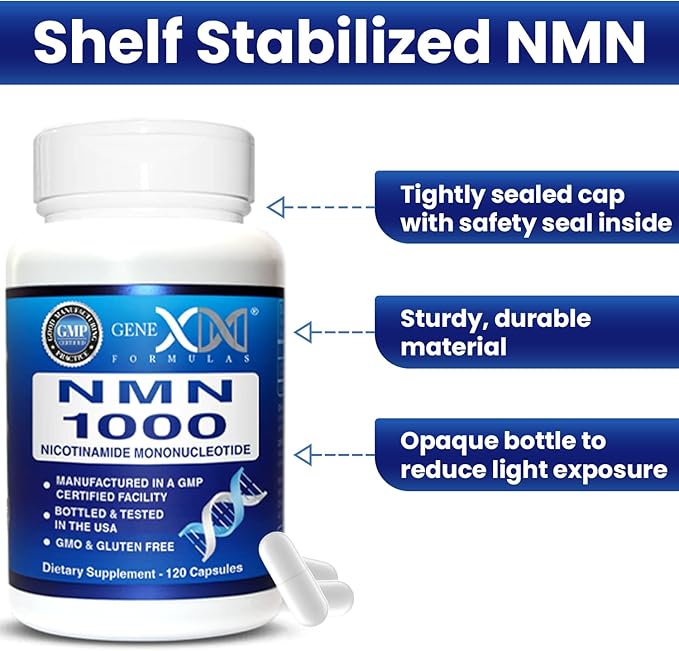 Genex Formulas NMN 1000mg - 99% Pure Shelf Stabilized Supplement Capsules for Increased NAD Levels & Healthy Aging, GMP Certified, 1000mg per Serving, 120 Capsules