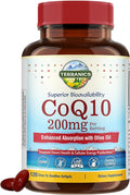 Terranics CoQ10 200mg, Coenzyme Q10 Supplement with Extra Virgin Olive Oil for Enhanced Absorption, Made in USA, Supports Heart Health, Antioxidant Protection, Energy Production, Non-GMO, 120 Softgels
