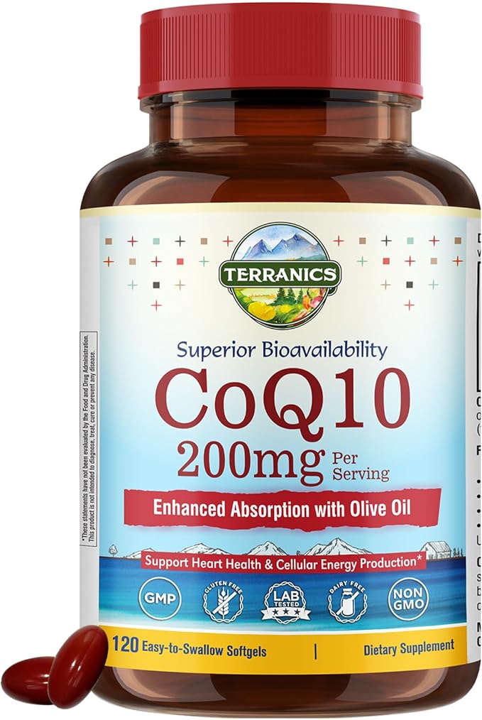 Terranics CoQ10 200mg, Coenzyme Q10 Supplement with Extra Virgin Olive Oil for Enhanced Absorption, Made in USA, Supports Heart Health, Antioxidant Protection, Energy Production, Non-GMO, 120 Softgels