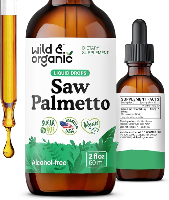 Wild & Organic Saw Palmetto for Men & Women - Urinary & Hair Support - Liquid Saw Palmetto Extract - Add to Tea Drops - Serenoa Repens Supplement - Vegan, Sugar & Alcohol-Free Tincture - 2 fl oz