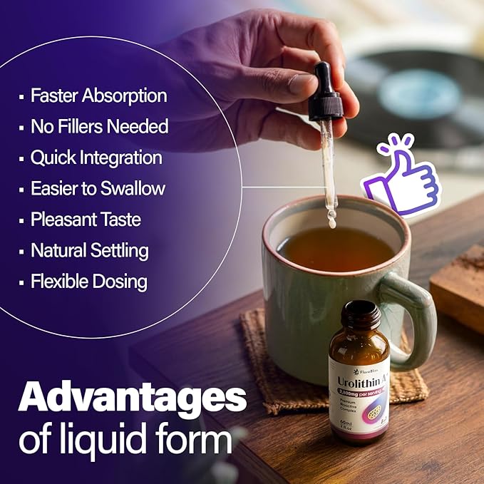 FloraBliss Urolithin A Supplement 2800 mg Liquid Drops | with Trans-Resveratrol, Collagen Peptides, Pomegranate Extract, Hyaluronic Acid, Vitamin E & C | 60ml |30-Day Supply