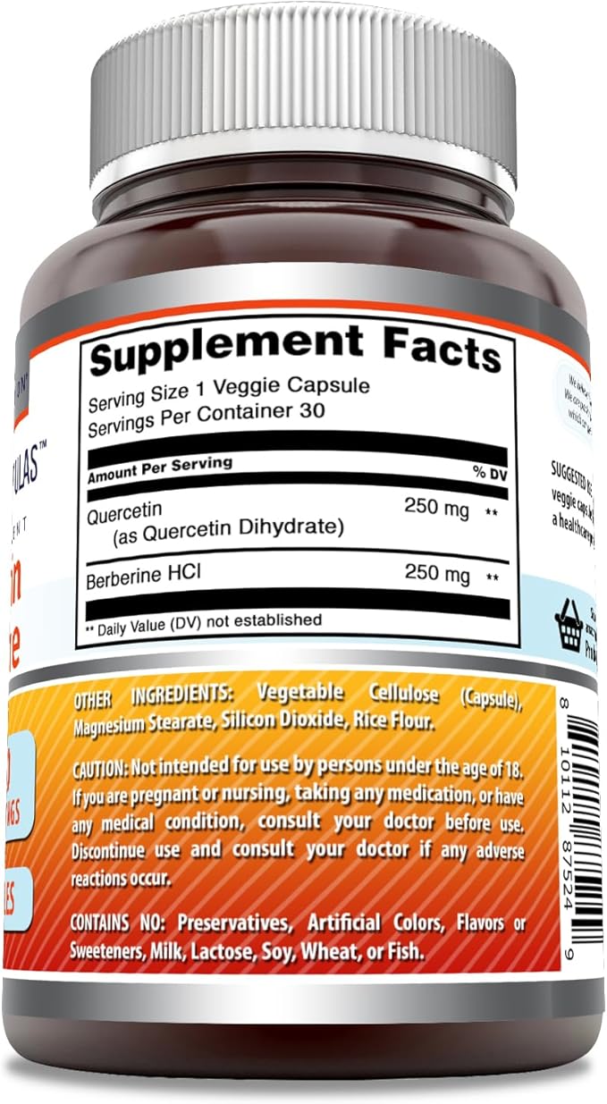Amazing Formulas Quercetin Berberine | 250 Mg Berberine and 250 Mg Quercetin | Veggie Capsules Supplement | Non-GMO | Gluten Free | Made in USA (30 Count)