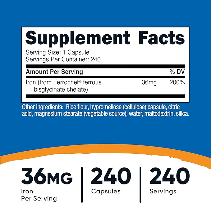 Nutricost Chelated Iron, As Ferrochel, 36mg, 240 Capsules