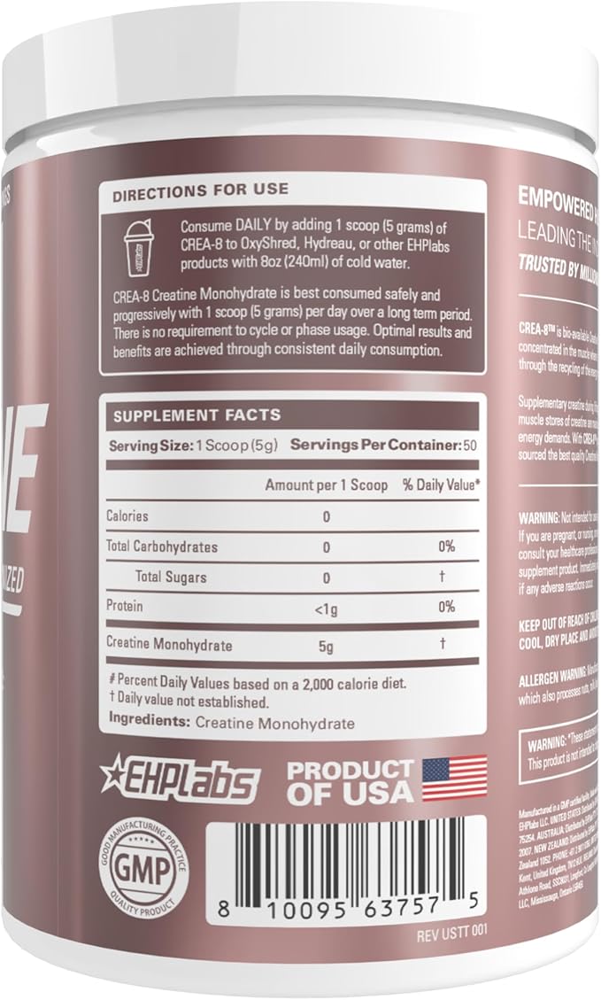 EHP Labs CREA-8 Creatine Monohydrate Powder - Unflavored Creatine Powder for Muscle Growth, Increased Strength, Enhanced Energy Output and Improved Performance - 50 Servings (250g)