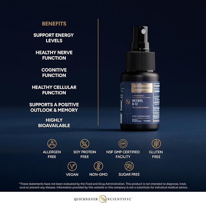Quicksilver Scientific Methyl B12-1000mcg Vitamin B12 as Methylcobalamin - with Nano Technology for Superior Absorption - Supportive Energy Supplement (30ml / 90 Servings)