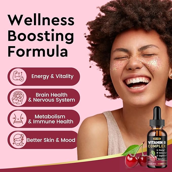 CFILIHTC (2 Pack) Vitamin B Complex Liquid Drops, B Vitamins Complex Supplement with B1, B2, B3, B5 B6, B7, B9 & Methyl B12 Drops for Adults & Kids, Vegan, Cherry Flavor