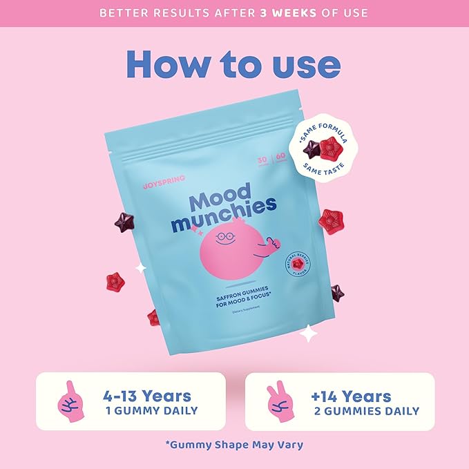 JoySpring Mood Munchies Saffron Gummies for Kids 4+ | Saffron Extract Supplement with GABA, Passion Flower & St Johns Wort | Sugar Free Vegan Brain Support & Kids Focus Gummies | Crafted in USA