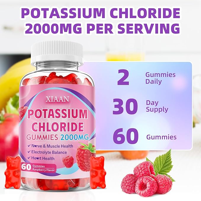 Potassium Gummies for Women & Men, High Dose 2000mg Potassium Chloride Supplement Gummies for Leg Cramps & Electrolyte Balance, Vegan/Sugar-Free/Gluten Free, Raspberry Flavor 60 Count