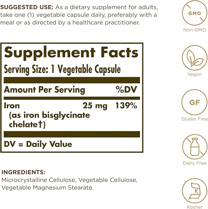 Solgar - Gentle Iron 25 mg Vegetable Capsules 180 Count 2 Pack Easy on Stomach, Promote Red Blood Cell Production.