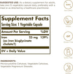 Solgar - Gentle Iron 25 mg Vegetable Capsules 180 Count 2 Pack Easy on Stomach, Promote Red Blood Cell Production.