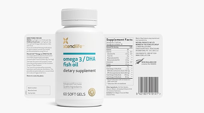 Xtendlife Omega 3 DHA Fish Oil for Heart, Brain & Joint Health - 1100mg Omega - 3 with 700mg DHA & 300mg EPA - 1 Month Supply (60 Count)