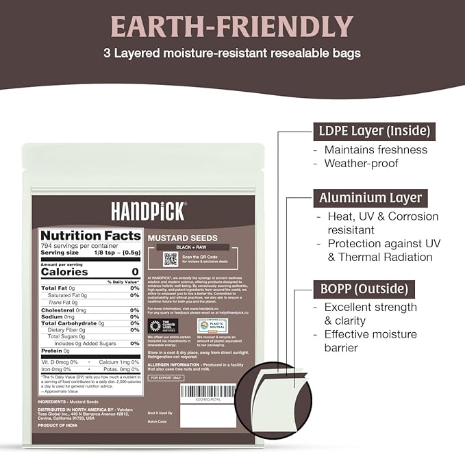 HANDPICK Culinary Black Mustard Seeds (397g/14oz), Gluten free, 100% Raw, Sourced from India, Packed in Resealable Zip Lock Pouch | All Natural - Easy to Use