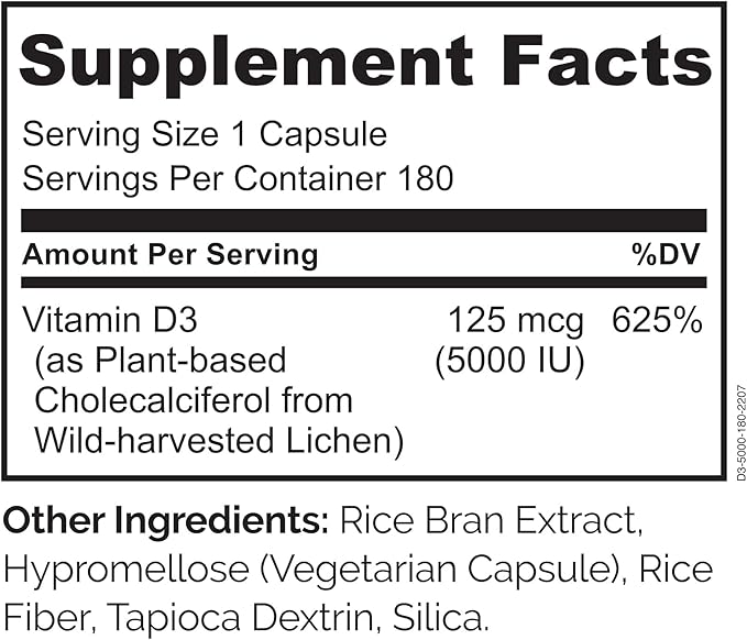 NATURELO Vitamin D - 5000 IU - Plant Based from Lichen - Natural D3 Supplement for Immune System, Bone Support, Joint Health - High Potency - Vegan - Non-GMO - Gluten Free - 180 Capsules