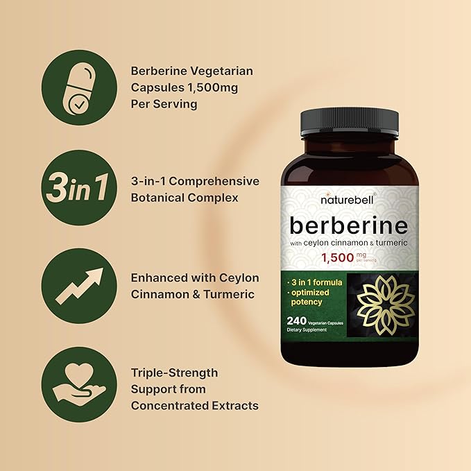 NatureBell Berberine Supplement 1,500mg with Ceylon Cinnamon & Turmeric Root, 240 Veggie Capsules | 97% Pure Berberine HCL | Supports Balanced Sugar Levels & Heart Health | Vegan, Non-GMO