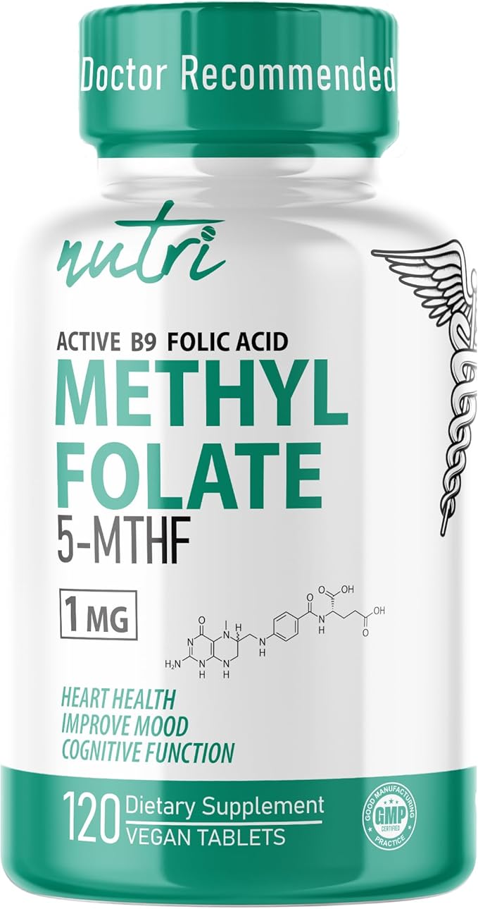 Nutri 5-MTHF L Methylfolate 1MG - 4 Month Supply, 120 Vegan Tablets - Methylated Folate Supplement - Cognitive Function, Heart Health, Prenatal Support - 3rd Party Tested - NSF Certified Facility
