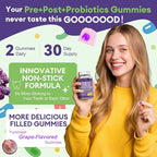 Totaria 2 PCS Sugar Free 5-in-1 Probiotic Prebiotic Postbiotic Gummy, 36 Strains Probiotics for Women Men with Digestive Enzymes, Peppermint, Complete Immune, Gut & Digestive Support, Grape Flavor