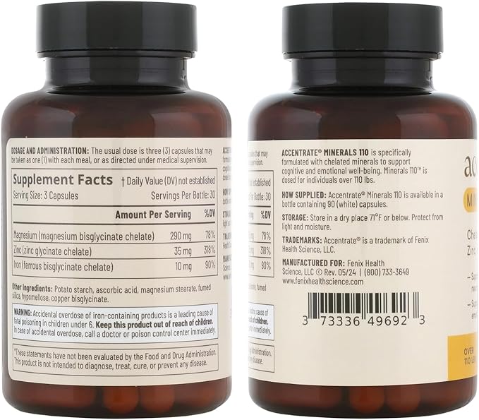 Accentrate Minerals 110 - Brain Ready Nutrition for Teens and Adults – Chelated Magnesium, Zinc, Iron – Mental Wellness Mineral Supplement for Focus, Mood & Brain Support – 90 Capsules