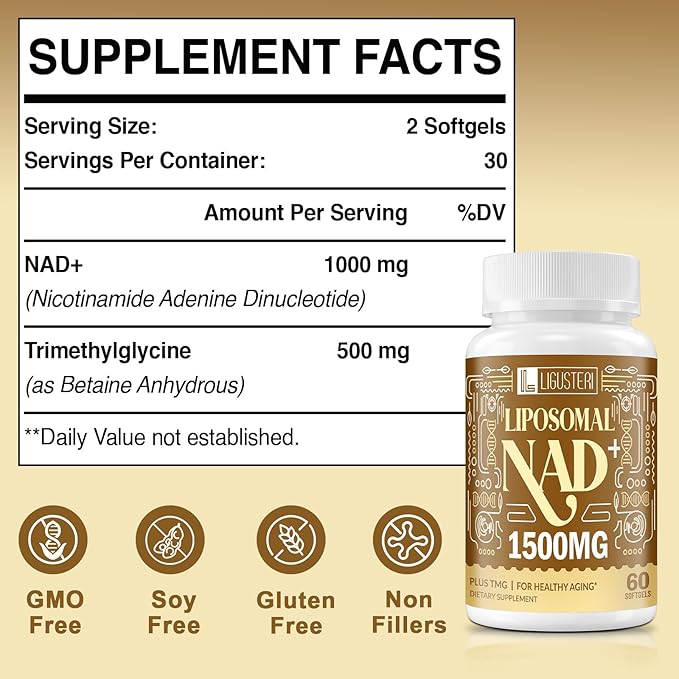 1500 MG Liposomal NAD+, 98%+ Absorption, NAD+ Supplement for Women & Men with TMG, for Aging Defense, Cellular Energy, Heart & Brain Function, Longevity, 60 Softgels