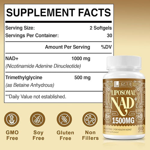 1500 MG Liposomal NAD+, 98%+ Absorption, NAD+ Supplement for Women & Men with TMG, for Aging Defense, Cellular Energy, Heart & Brain Function, Longevity, 60 Softgels
