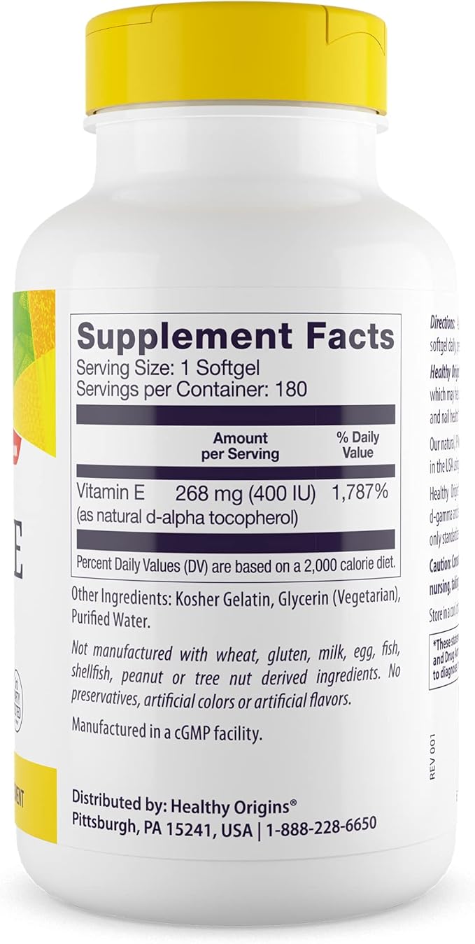 Healthy Origins Vitamin E 400 IU (Natural, Non-GMO, Gluten Free, Skin Support, Cardiovascular Support), 180 Softgels