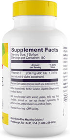 Healthy Origins Vitamin E 400 IU (Natural, Non-GMO, Gluten Free, Skin Support, Cardiovascular Support), 180 Softgels