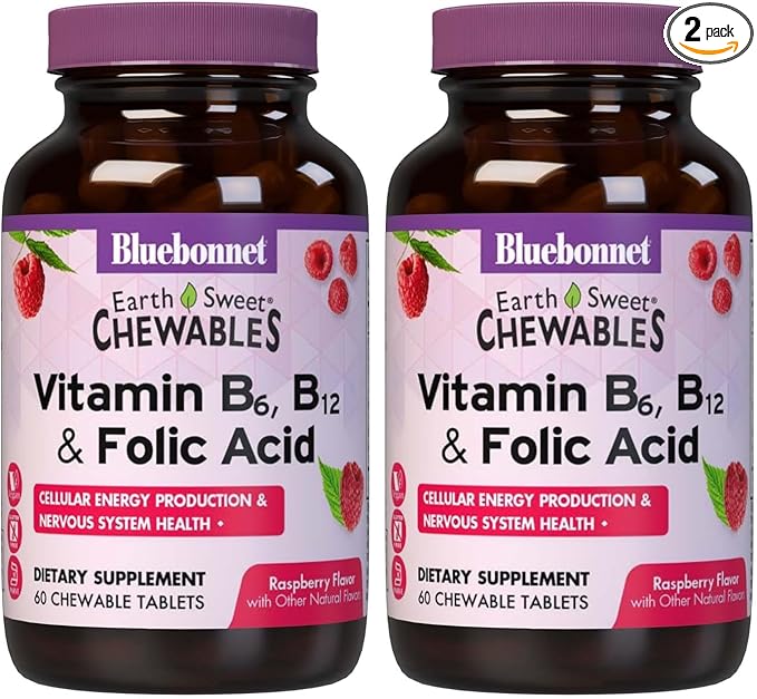 BlueBonnet Nutrition Earth Sweet Vitamin B6, B12, Plus Folic Acid Chewable Tablets, Vegan, Vegetarian, Gluten Free, Soy Free, Milk Free, Kosher, 60 Chewable Tablets, Raspberry Flavor (Pack of 2)