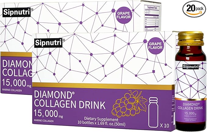 Diamond Collagen Drink -15,000mg Marine Collagen Peptides Liquid Shots for Women & Men, Hydrolyzed with Vitamin C & Pomegranate, Grape Flavor, Supports Skin, Hair & Nail Health-1.69 fl oz x20