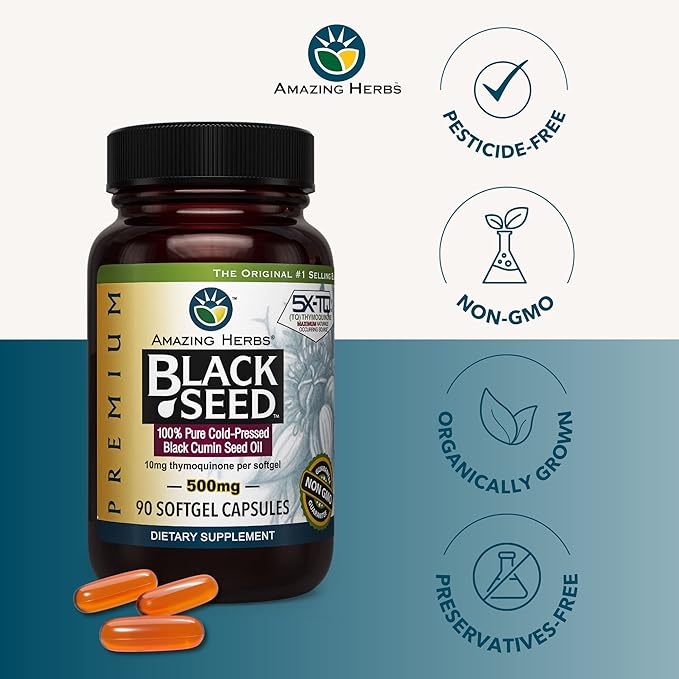 Amazing Herbs Premium Black Seed Oil Capsules - Gluten Free, Non GMO, Cold Pressed Nigella Sativa Aids in Digestive Health, Immune Support- 90 Count, (Pack of 1)