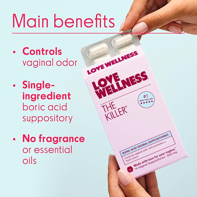 Love Wellness The Killer | Boric Acid Vaginal Suppositories | Balances pH & Supports Odor Control, a Healthy Vaginal Balance and Environment | Fast-Acting & Fragrance-Free | Gentle & Effective | 14 Ct