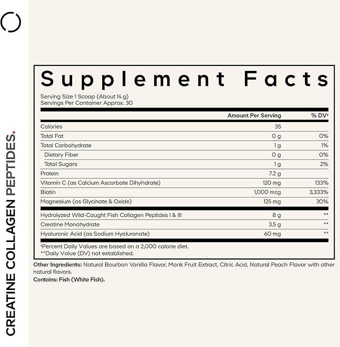 Codeage Creatine Collagen Peptides - Creatine Monohydrate Powder Supplement, Wild-Caught Marine Collagen, Biotin, Magnesium, Vitamin C, Hyaluronic Acid - Vanilla Flavored - Non-GMO - 15 Oz