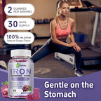 Iron Supplement for Women and Men, Grape Flavored Gummies 65mg and 250mg Vitamin C & Folate for Iron Deficiency and Anemia, Energy Support & Immune Health, 60 Count
