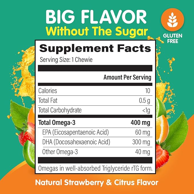 Omega 3 Chewies - Ultra-High DHA Chewables for Kids Supports Brain & Eye Health - Sugar-Free Natural Fruit Flavor - Kids Omega 3 Fish Oil Chewies (6 Pack)