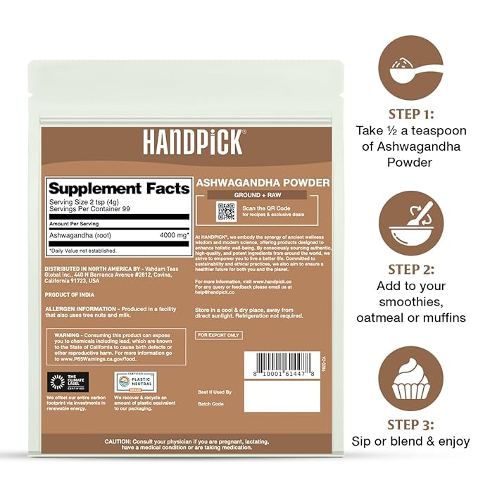HANDPICK Ashwagandha Root Powder (397g/14oz) No Fillers, No Additives | Finest Grade A Root Powder - Withania Somnifera | Non-GMO & Raw from India