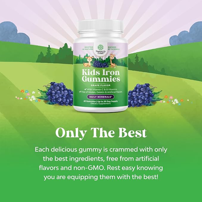 Kids Iron Gummies - Blood Builder Iron Supplements for Kids with Gentle for Stronger Immunity & Energy - Vitamin B12, Folate & Vitamin C Gummies - Vegan GMO & Gluten Free for Toddlers - 60 Count