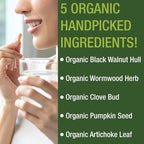 USDA Organic Wormwood Black Walnut Clove Cleanse for Humans. Elimination Detox + Intestinal Support Capsules Supplement for Adults and Kids. Pills with Artichoke and Pumpkin Seed for Added Benefits