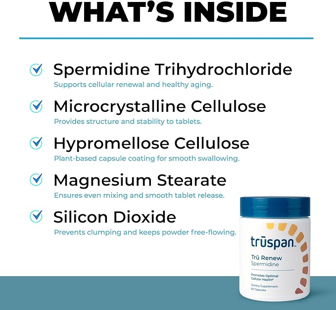 TruSpan Tru Renew Spermidine Capsules, Cellular Level Support, 10 mg Spermidine Per Serving, 60 Servings