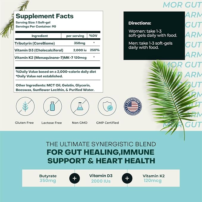 Gut & Heart Health + Immune Support | 2 Month Supply | 60 Soft Gel Capsules | Pure Butyrate 350mg & Vitamin D3 2000IUs & Vitamin K2 120mcg | Heart Health | Gastrointestinal Support