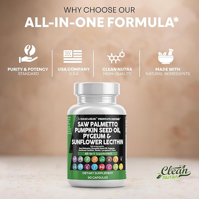 Clean Nutraceuticals Saw Palmetto Pumpkin Seed Oil Pygeum Sunflower Lecithin Stinging Nettle Cranberry - Prostate Supplements for Men with Lycopene - 90 Caps (Pack of 2)