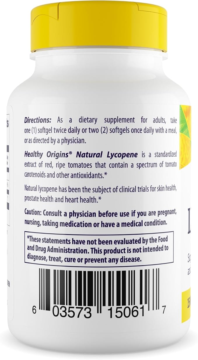Healthy Origins Lycopene 15 mg (Natural, Non-GMO, Gluten Free, Skin Support, Prostate Support), 60 Softgels